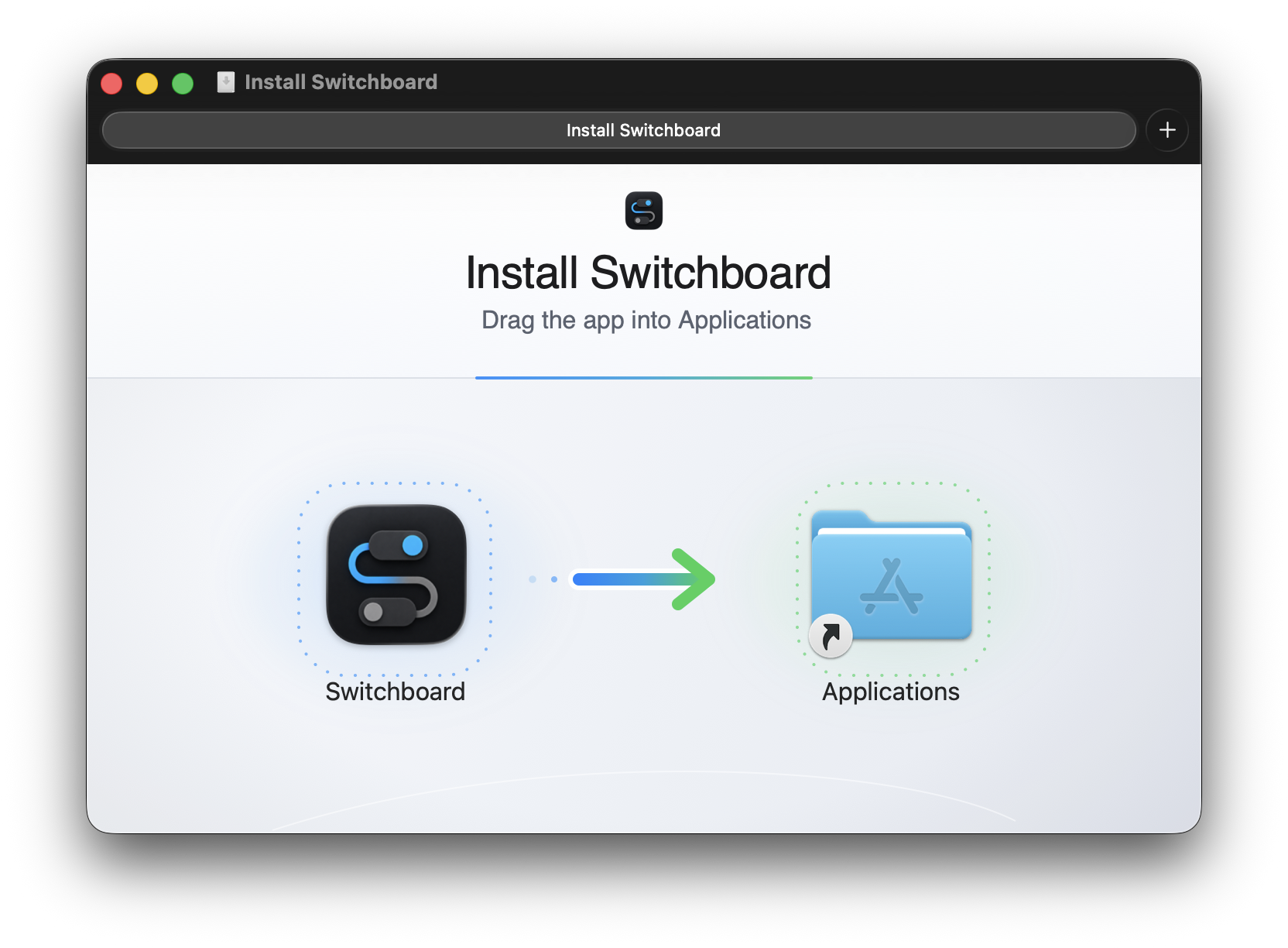 The Switchboard installer window: drag the Switchboard app onto the Applications folder.
