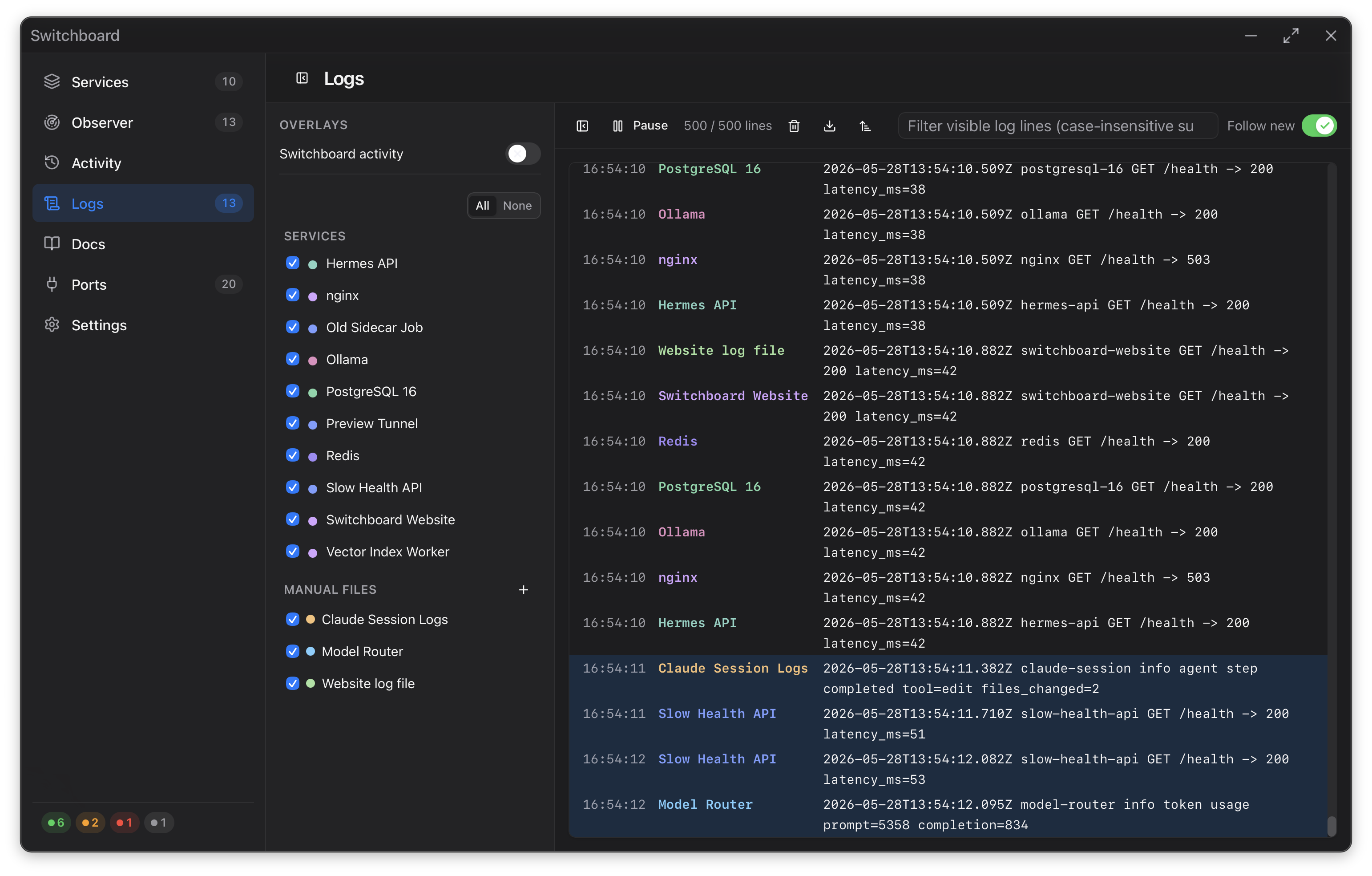 Switchboard Logs view showing multiple local service log sources in one timeline.