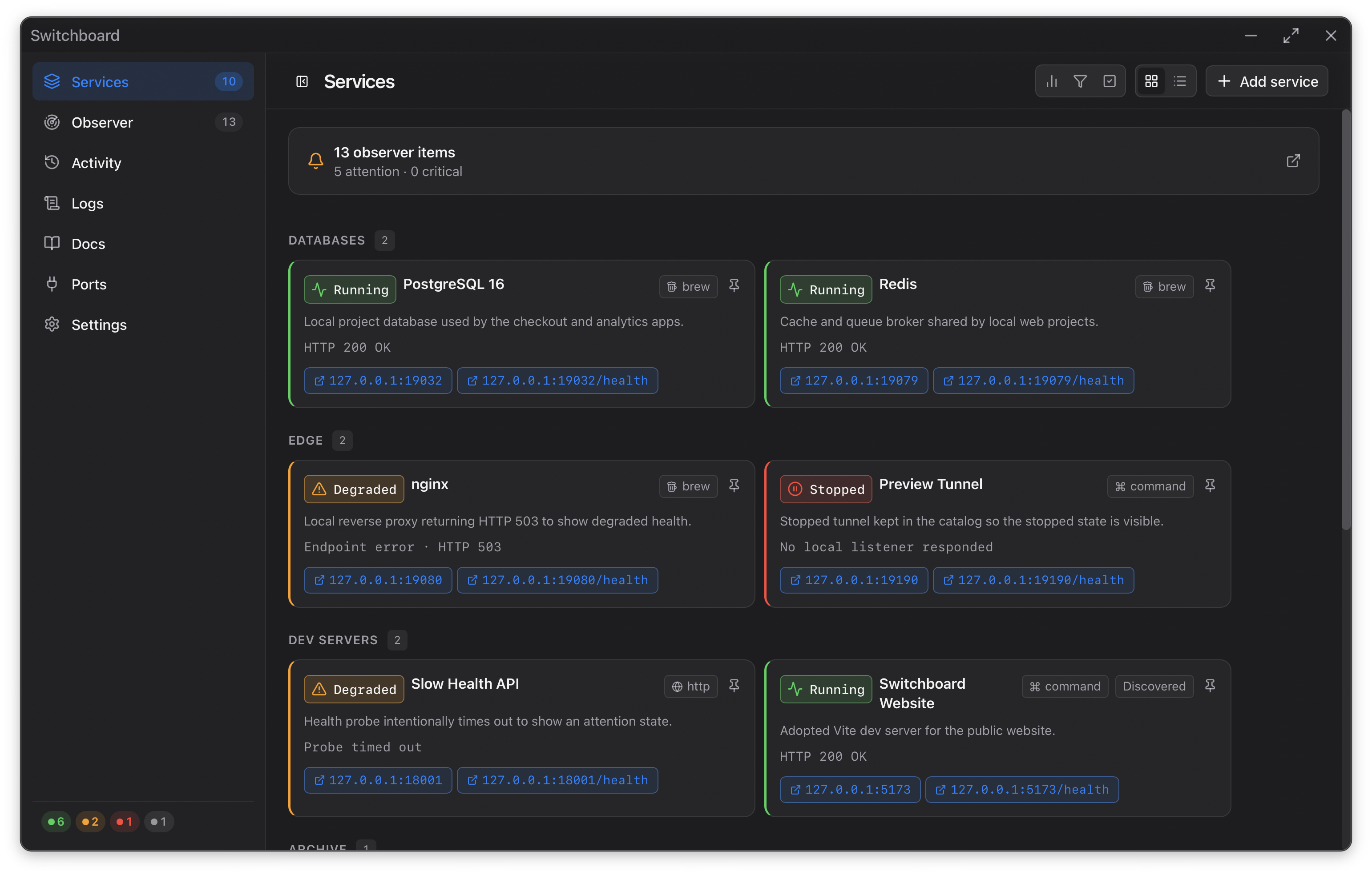 Switchboard services dashboard showing local databases, AI tools, and dev servers.